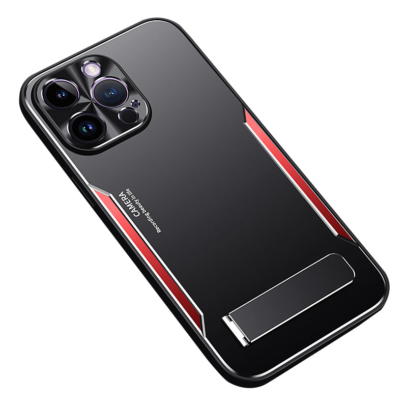 Uniqkart for iPhone 12 Pro Max Shockproof Phone Cover Shell Kickstand Design TPU + Aluminium Alloy Phone Case - Red