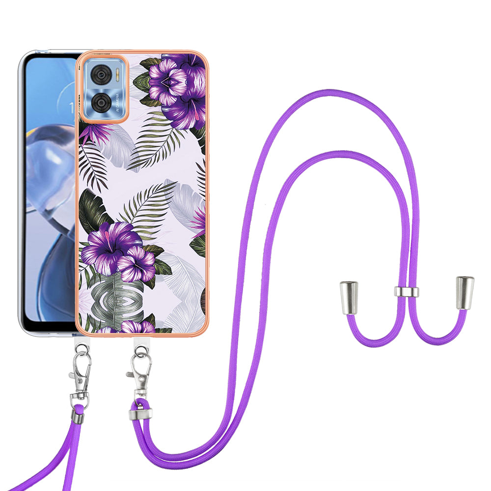 YB IMD Series-4 for Motorola Moto E22 4G Marble Flower Pattern Phone Case Electroplating Soft TPU Cover with Lanyard - Purple Flowers