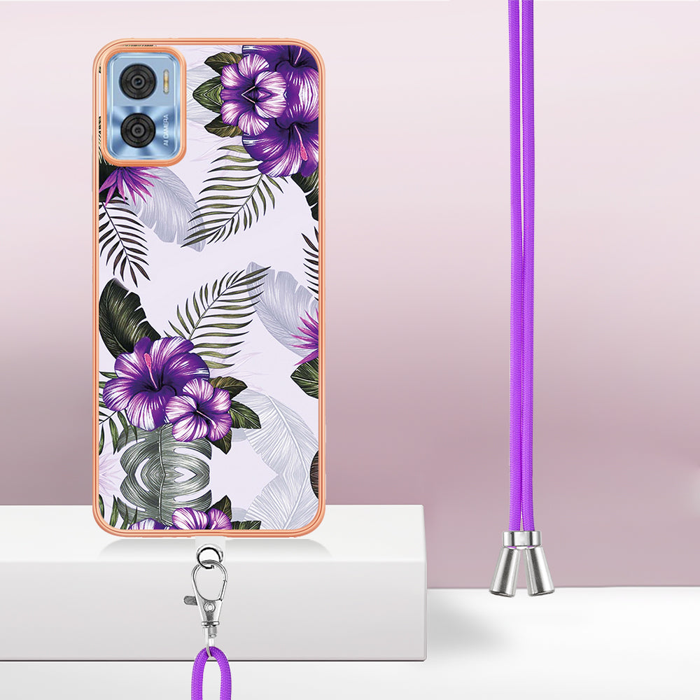 YB IMD Series-4 for Motorola Moto E22 4G Marble Flower Pattern Phone Case Electroplating Soft TPU Cover with Lanyard - Purple Flowers