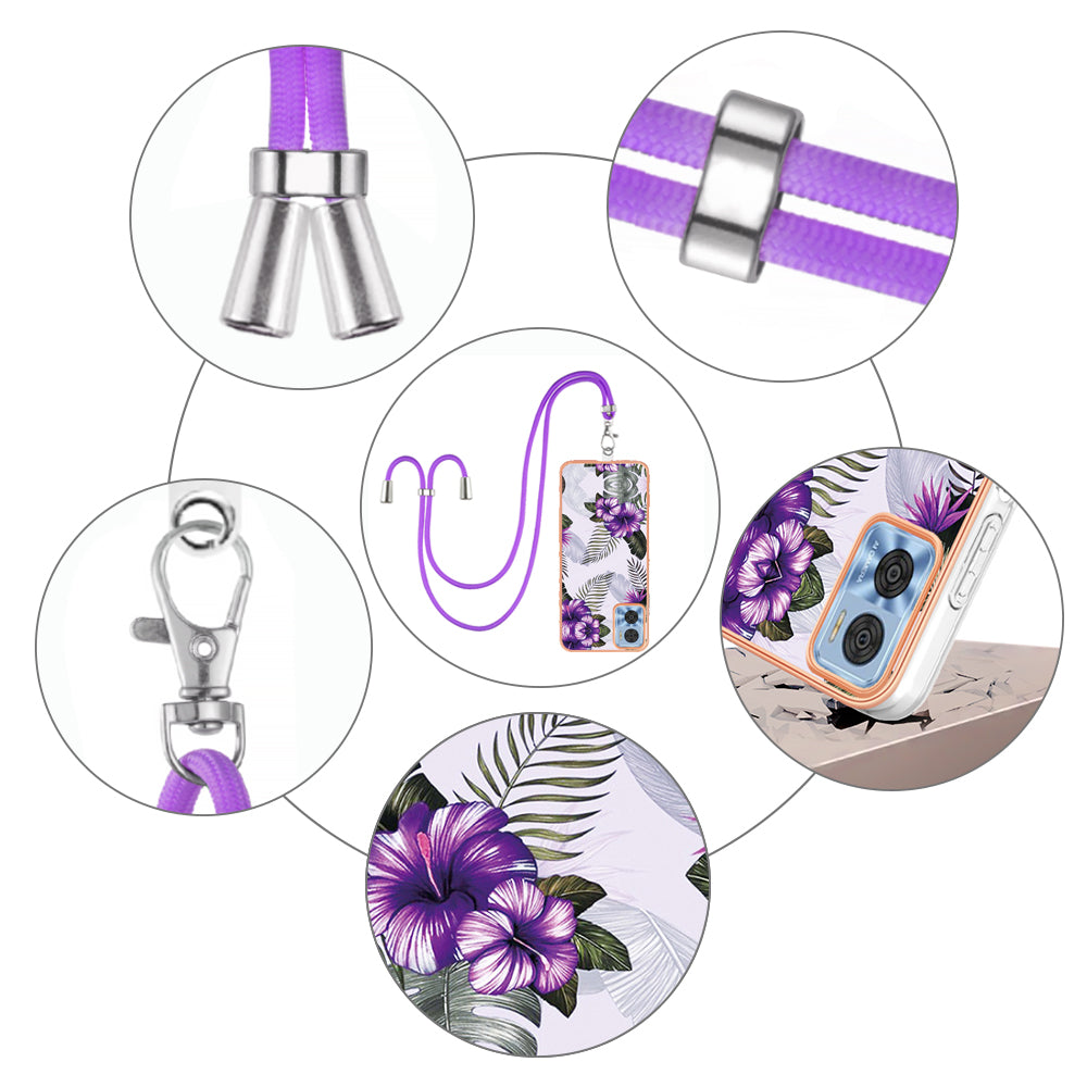 YB IMD Series-4 for Motorola Moto E22 4G Marble Flower Pattern Phone Case Electroplating Soft TPU Cover with Lanyard - Purple Flowers