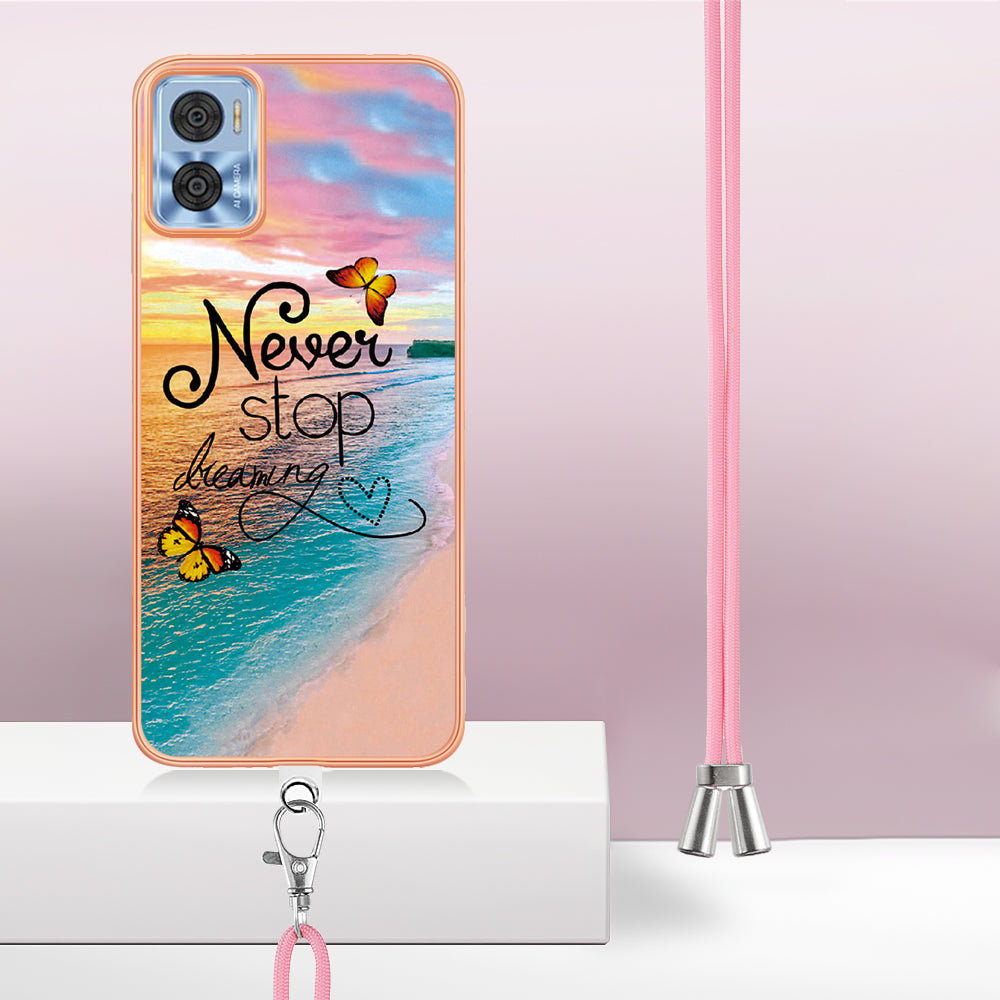 YB IMD Series-4 for Motorola Moto E22 4G Marble Flower Pattern Phone Case Electroplating Soft TPU Cover with Lanyard - Never Stop Dreaming