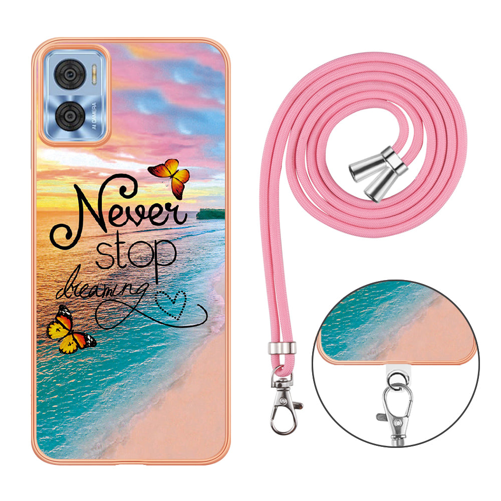 YB IMD Series-4 for Motorola Moto E22 4G Marble Flower Pattern Phone Case Electroplating Soft TPU Cover with Lanyard - Never Stop Dreaming