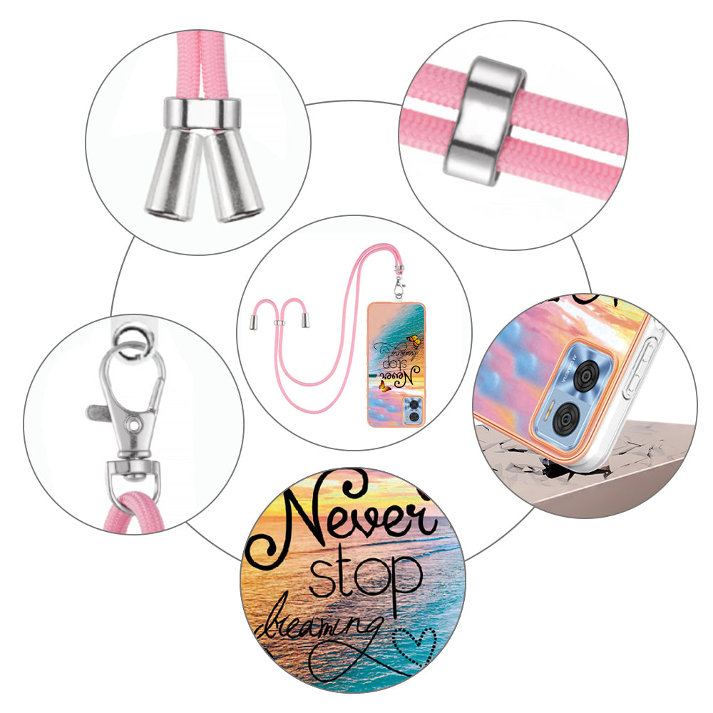 YB IMD Series-4 for Motorola Moto E22 4G Marble Flower Pattern Phone Case Electroplating Soft TPU Cover with Lanyard - Never Stop Dreaming