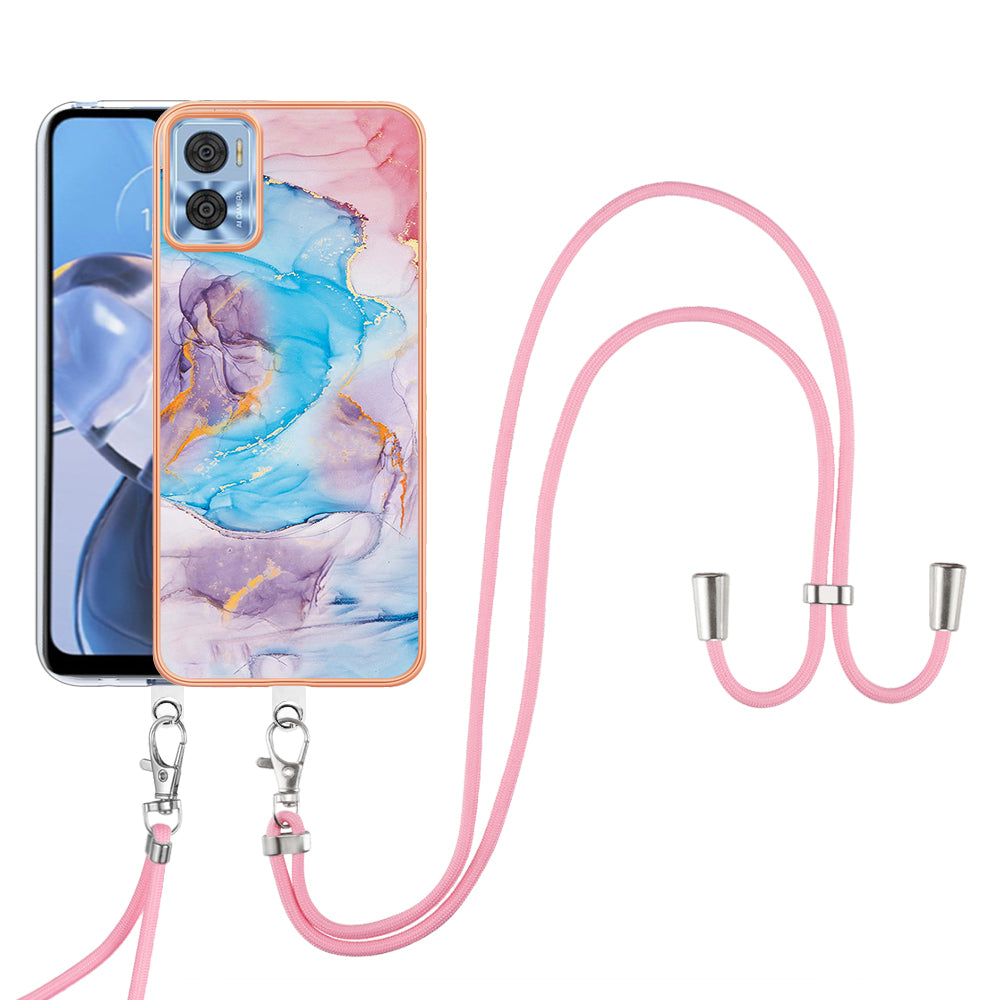 YB IMD Series-4 for Motorola Moto E22 4G Marble Flower Pattern Phone Case Electroplating Soft TPU Cover with Lanyard - Milky Way Marble Blue