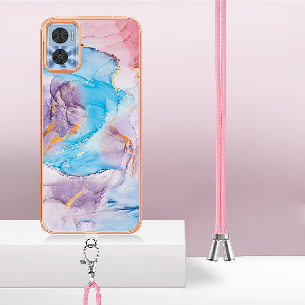 YB IMD Series-4 for Motorola Moto E22 4G Marble Flower Pattern Phone Case Electroplating Soft TPU Cover with Lanyard - Milky Way Marble Blue