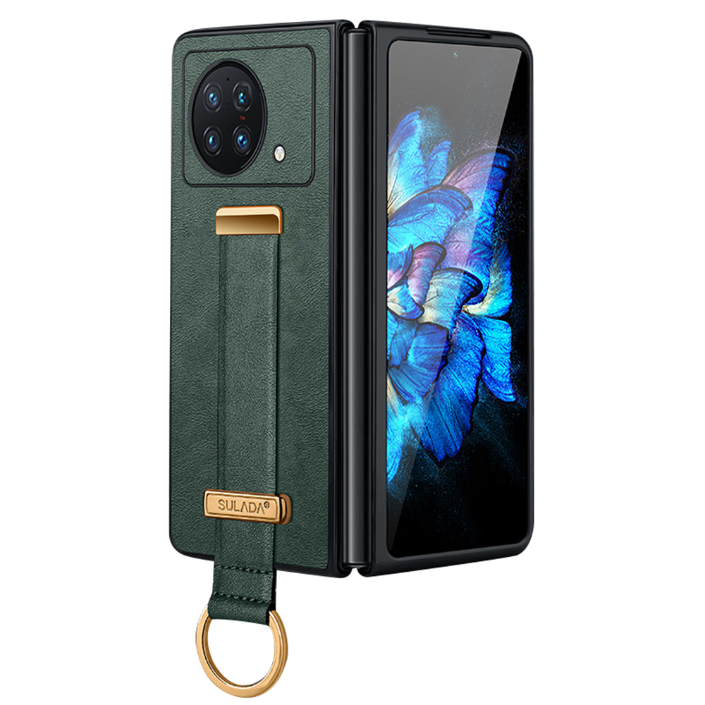 Uniqkart Fashion Series for vivo X Fold Wristband Kickstand Phone Case PU Leather+PC Anti-Scratch Cover - Green