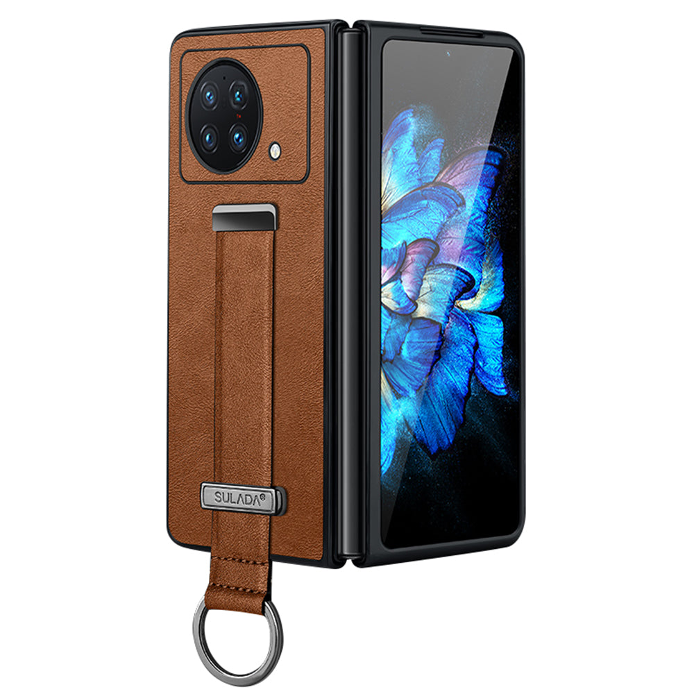 Uniqkart Fashion Series for vivo X Fold Wristband Kickstand Phone Case PU Leather+PC Anti-Scratch Cover - Brown