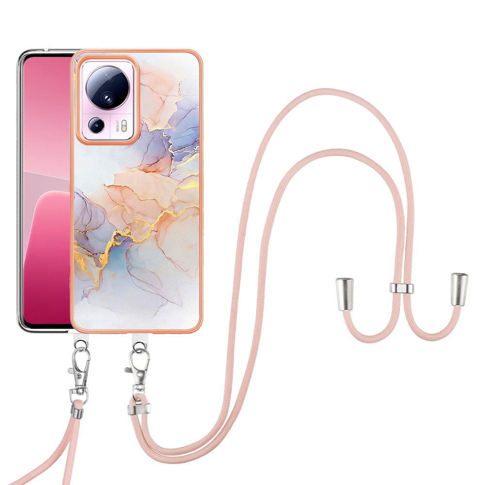 YB IMD Series-4 for Xiaomi 13 Lite / Civi 2 5G Electroplating Case IMD Marble Flower Pattern TPU Cover with Lanyard - Milky Way Marble White
