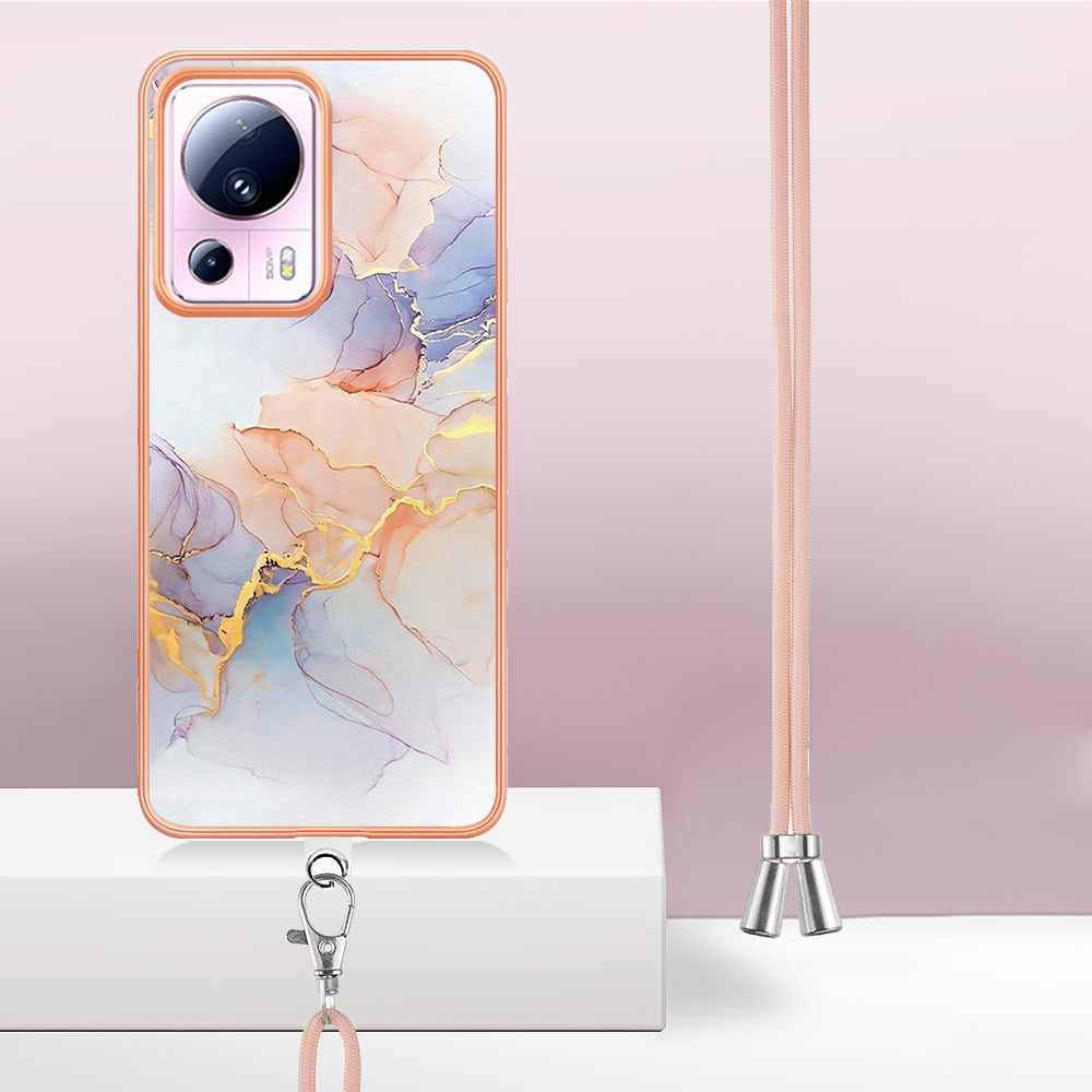 YB IMD Series-4 for Xiaomi 13 Lite / Civi 2 5G Electroplating Case IMD Marble Flower Pattern TPU Cover with Lanyard - Milky Way Marble White