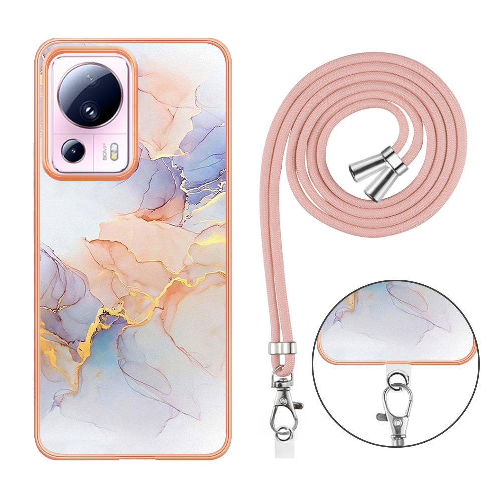 YB IMD Series-4 for Xiaomi 13 Lite / Civi 2 5G Electroplating Case IMD Marble Flower Pattern TPU Cover with Lanyard - Milky Way Marble White