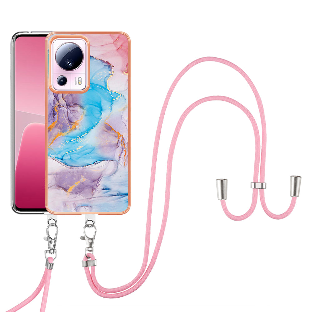 YB IMD Series-4 for Xiaomi 13 Lite / Civi 2 5G Electroplating Case IMD Marble Flower Pattern TPU Cover with Lanyard - Milky Way Marble Blue