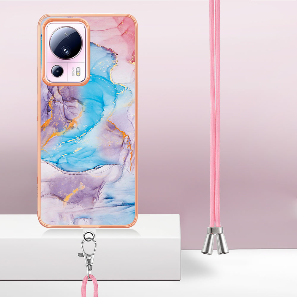 YB IMD Series-4 for Xiaomi 13 Lite / Civi 2 5G Electroplating Case IMD Marble Flower Pattern TPU Cover with Lanyard - Milky Way Marble Blue