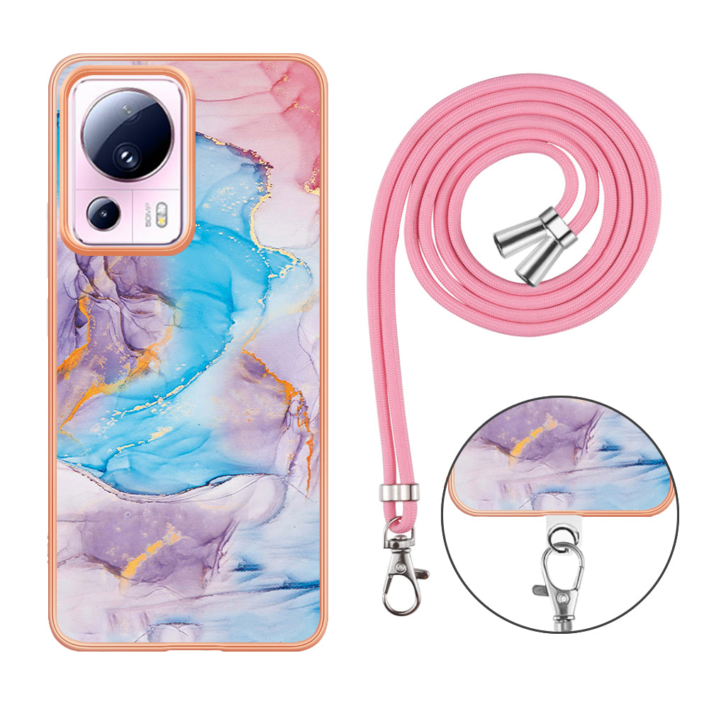 YB IMD Series-4 for Xiaomi 13 Lite / Civi 2 5G Electroplating Case IMD Marble Flower Pattern TPU Cover with Lanyard - Milky Way Marble Blue