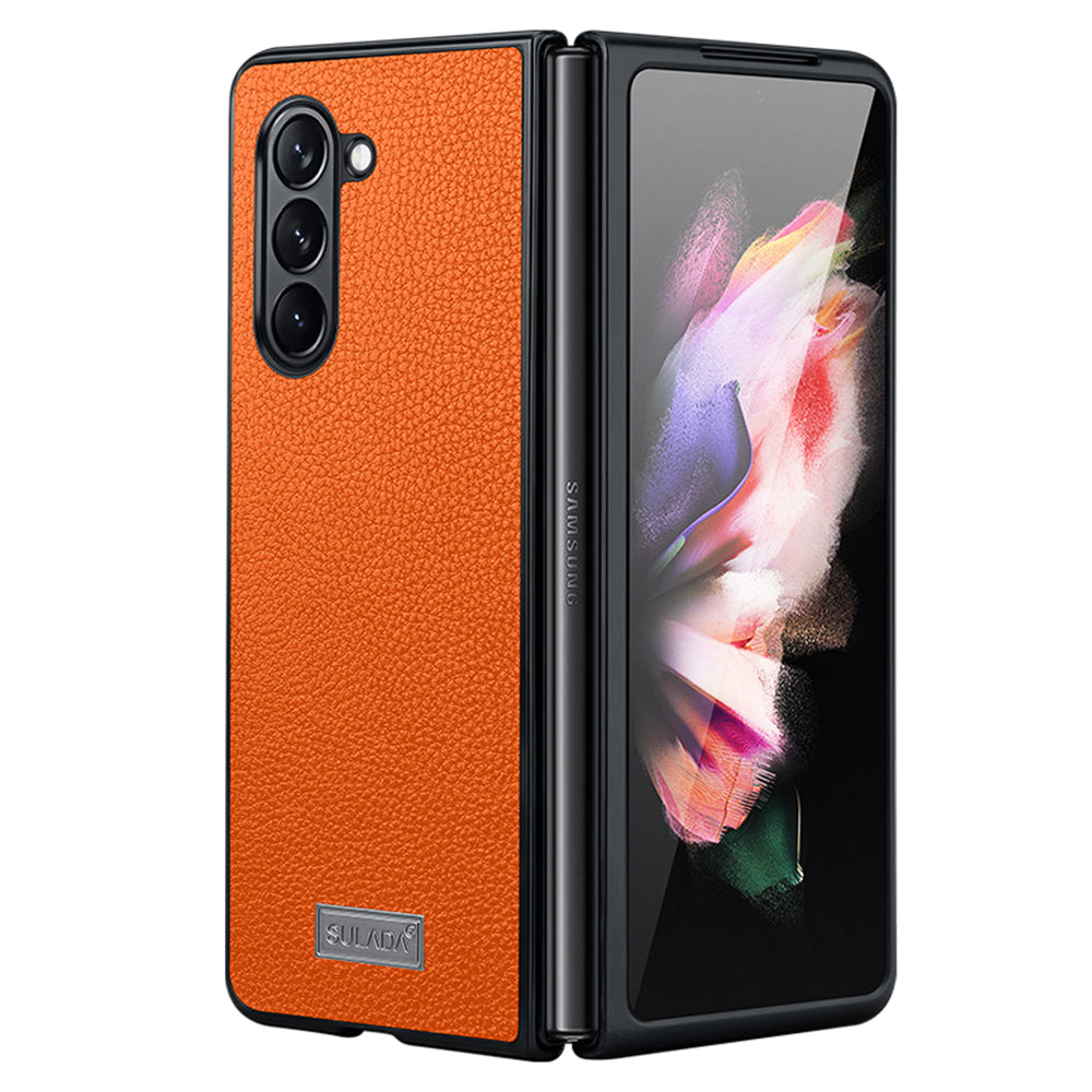 Uniqkart For Samsung Galaxy Z Fold5 5G Litchi Texture Slim Case PU Leather Coated PC + TPU Phone Cover - Orange