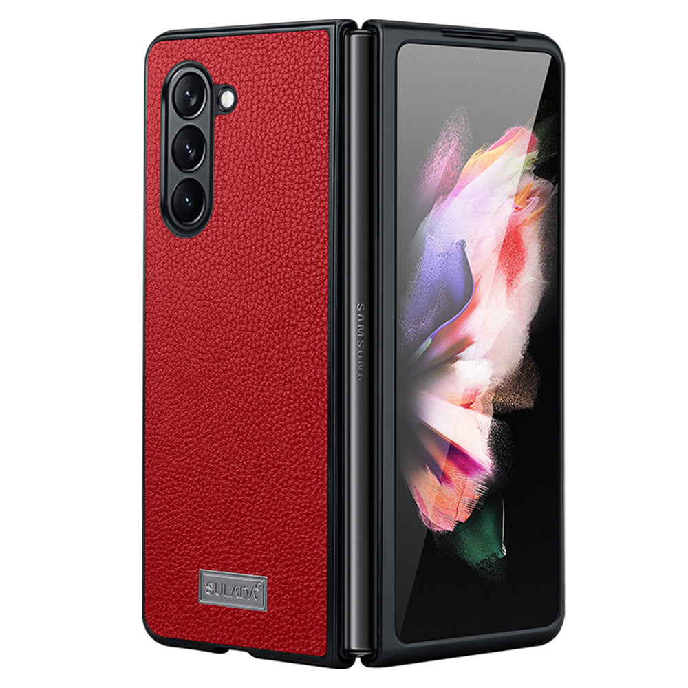 Uniqkart For Samsung Galaxy Z Fold5 5G Litchi Texture Slim Case PU Leather Coated PC + TPU Phone Cover - Red