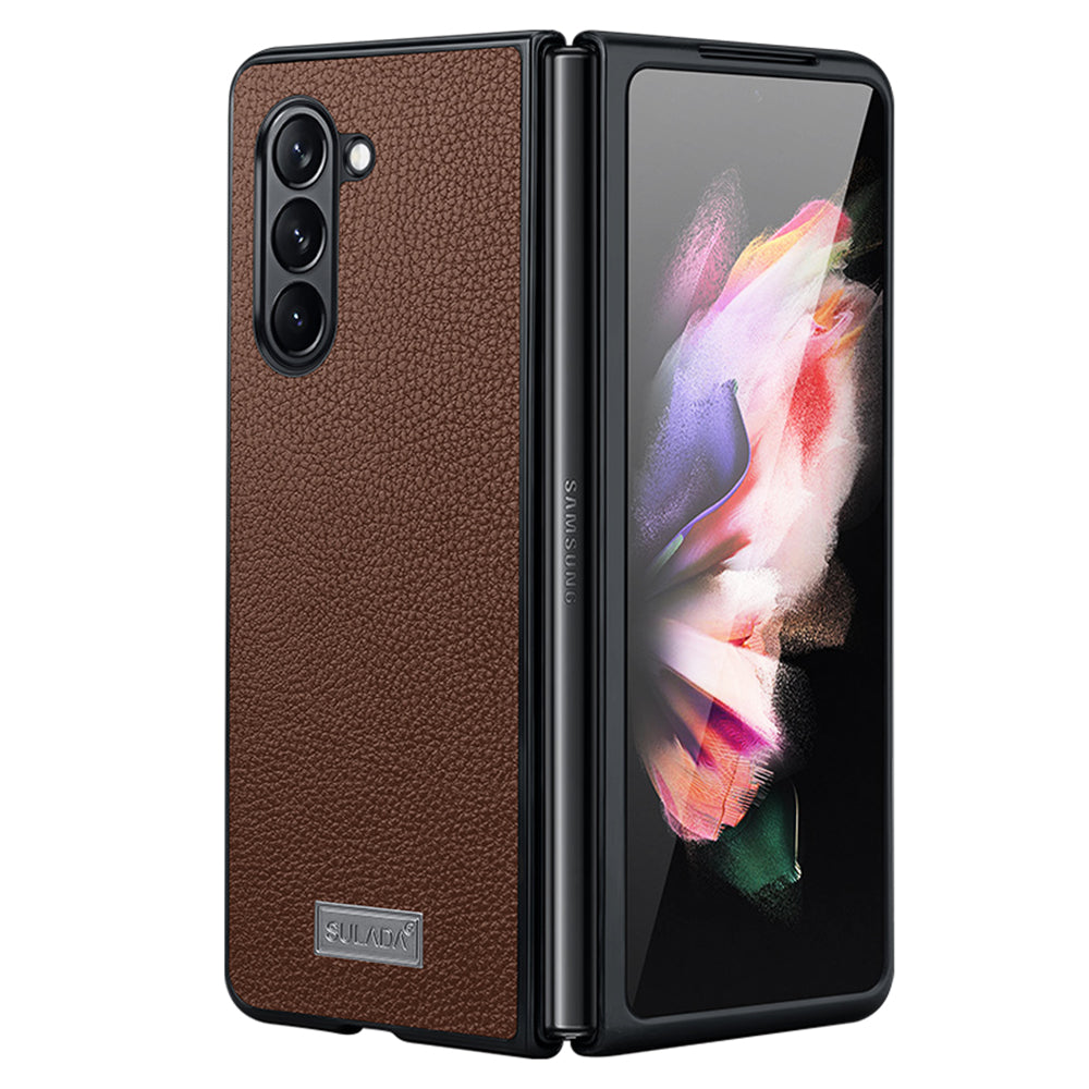 Uniqkart For Samsung Galaxy Z Fold5 5G Litchi Texture Slim Case PU Leather Coated PC + TPU Phone Cover - Coffee