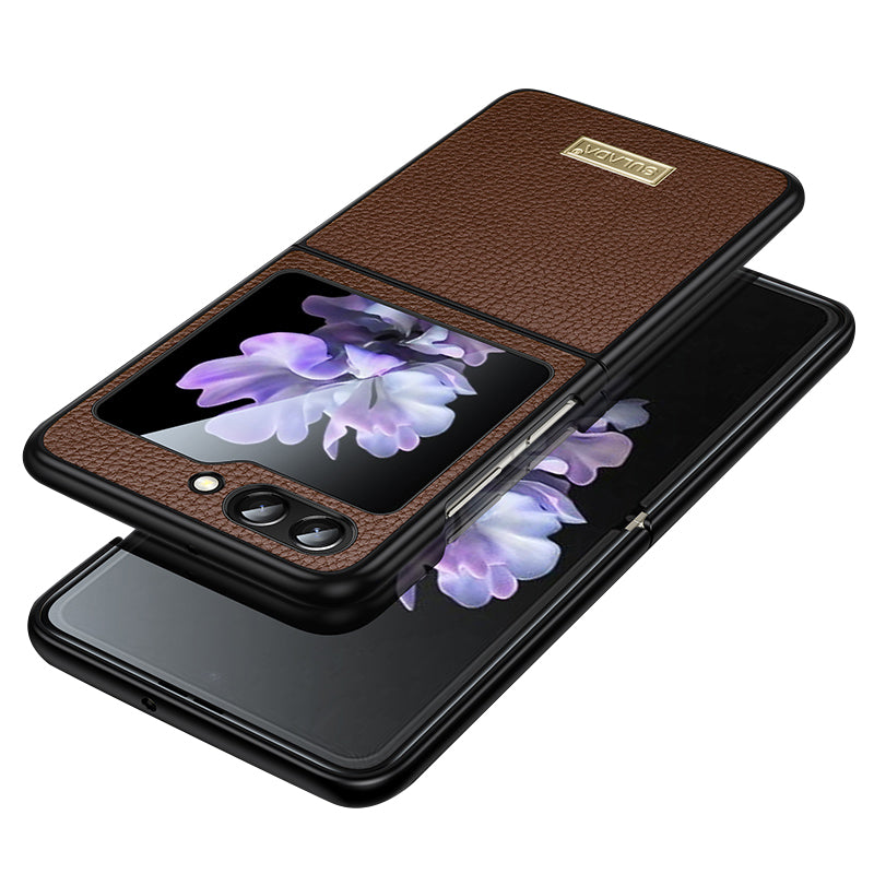 Uniqkart For Samsung Galaxy Z Flip5 5G Slim-Fit Phone Case PU Leather Coated PC + TPU Litchi Texture Cover - Coffee