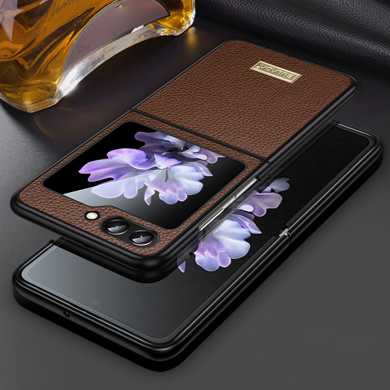 Uniqkart For Samsung Galaxy Z Flip5 5G Slim-Fit Phone Case PU Leather Coated PC + TPU Litchi Texture Cover - Coffee