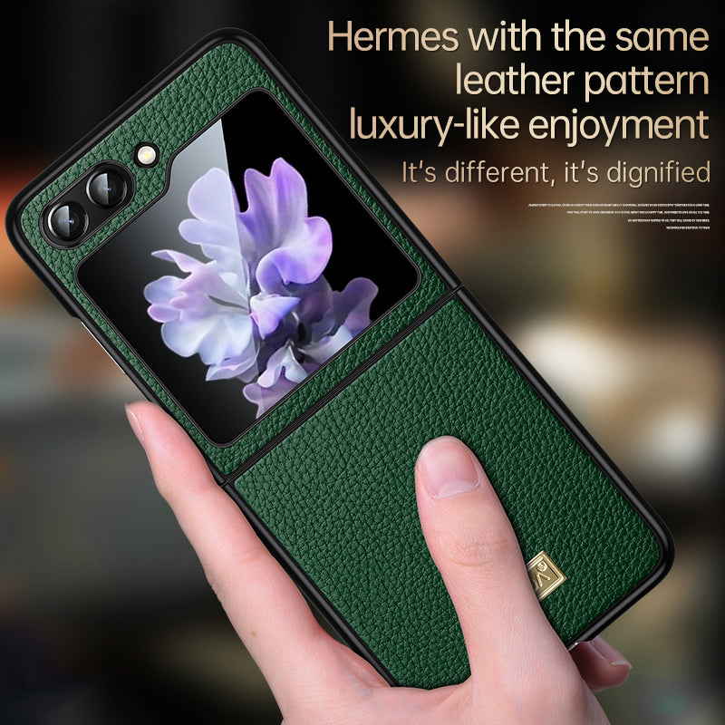 Uniqkart For Samsung Galaxy Z Flip5 5G Slim-Fit Phone Case PU Leather Coated PC + TPU Litchi Texture Cover - Coffee