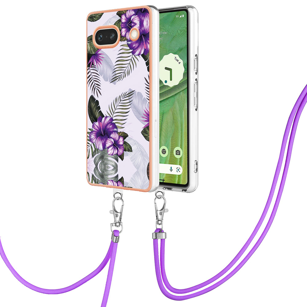YB IMD Series-4 for Google Pixel 7a Marble Flower Pattern Protective Case Electroplating IMD TPU Phone Cover with Lanyard - Purple Flowers