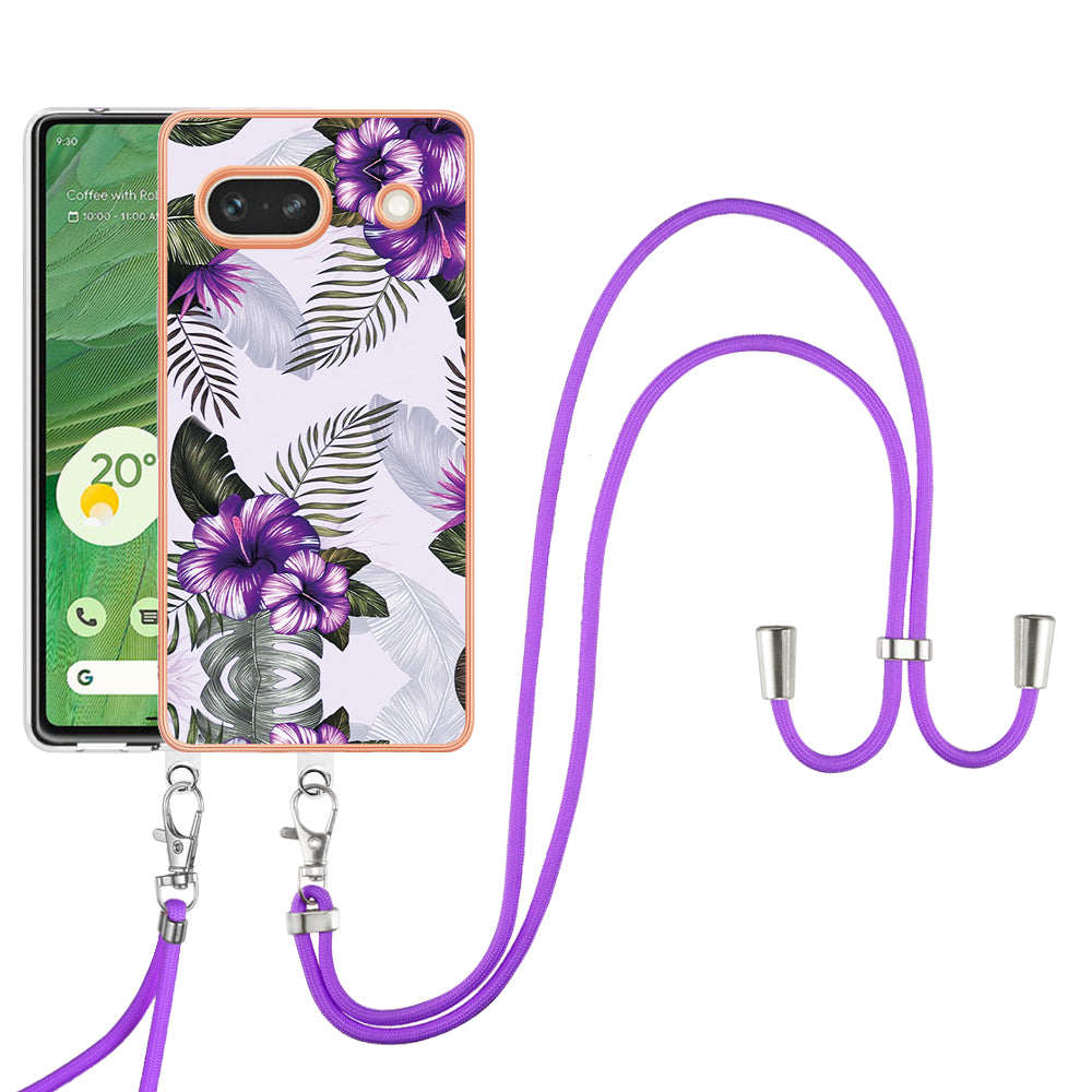 YB IMD Series-4 for Google Pixel 7a Marble Flower Pattern Protective Case Electroplating IMD TPU Phone Cover with Lanyard - Purple Flowers