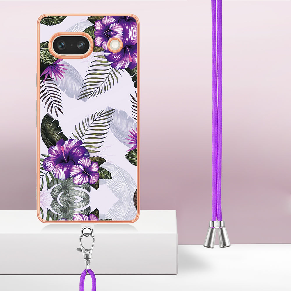 YB IMD Series-4 for Google Pixel 7a Marble Flower Pattern Protective Case Electroplating IMD TPU Phone Cover with Lanyard - Purple Flowers