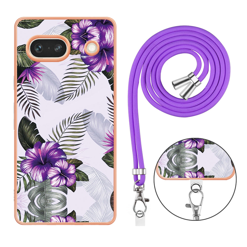 YB IMD Series-4 for Google Pixel 7a Marble Flower Pattern Protective Case Electroplating IMD TPU Phone Cover with Lanyard - Purple Flowers