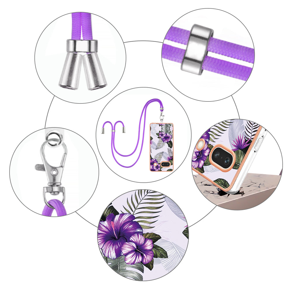 YB IMD Series-4 for Google Pixel 7a Marble Flower Pattern Protective Case Electroplating IMD TPU Phone Cover with Lanyard - Purple Flowers