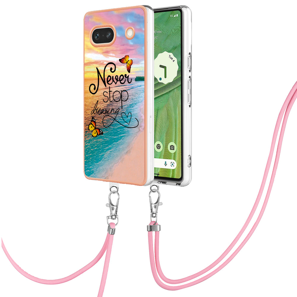 YB IMD Series-4 for Google Pixel 7a Marble Flower Pattern Protective Case Electroplating IMD TPU Phone Cover with Lanyard - Never Stop Dreaming