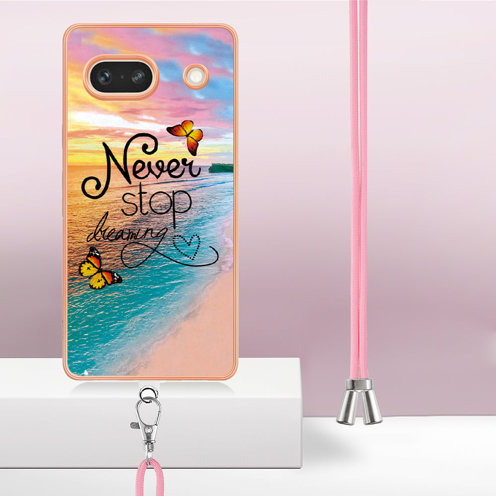 YB IMD Series-4 for Google Pixel 7a Marble Flower Pattern Protective Case Electroplating IMD TPU Phone Cover with Lanyard - Never Stop Dreaming