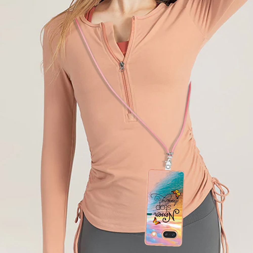 YB IMD Series-4 for Google Pixel 7a Marble Flower Pattern Protective Case Electroplating IMD TPU Phone Cover with Lanyard - Never Stop Dreaming