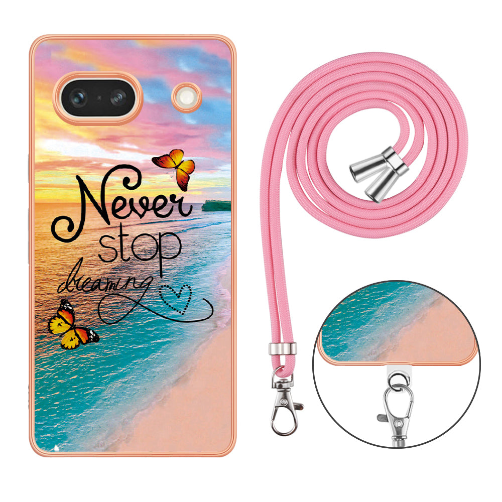 YB IMD Series-4 for Google Pixel 7a Marble Flower Pattern Protective Case Electroplating IMD TPU Phone Cover with Lanyard - Never Stop Dreaming