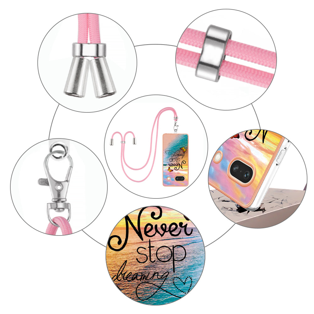 YB IMD Series-4 for Google Pixel 7a Marble Flower Pattern Protective Case Electroplating IMD TPU Phone Cover with Lanyard - Never Stop Dreaming