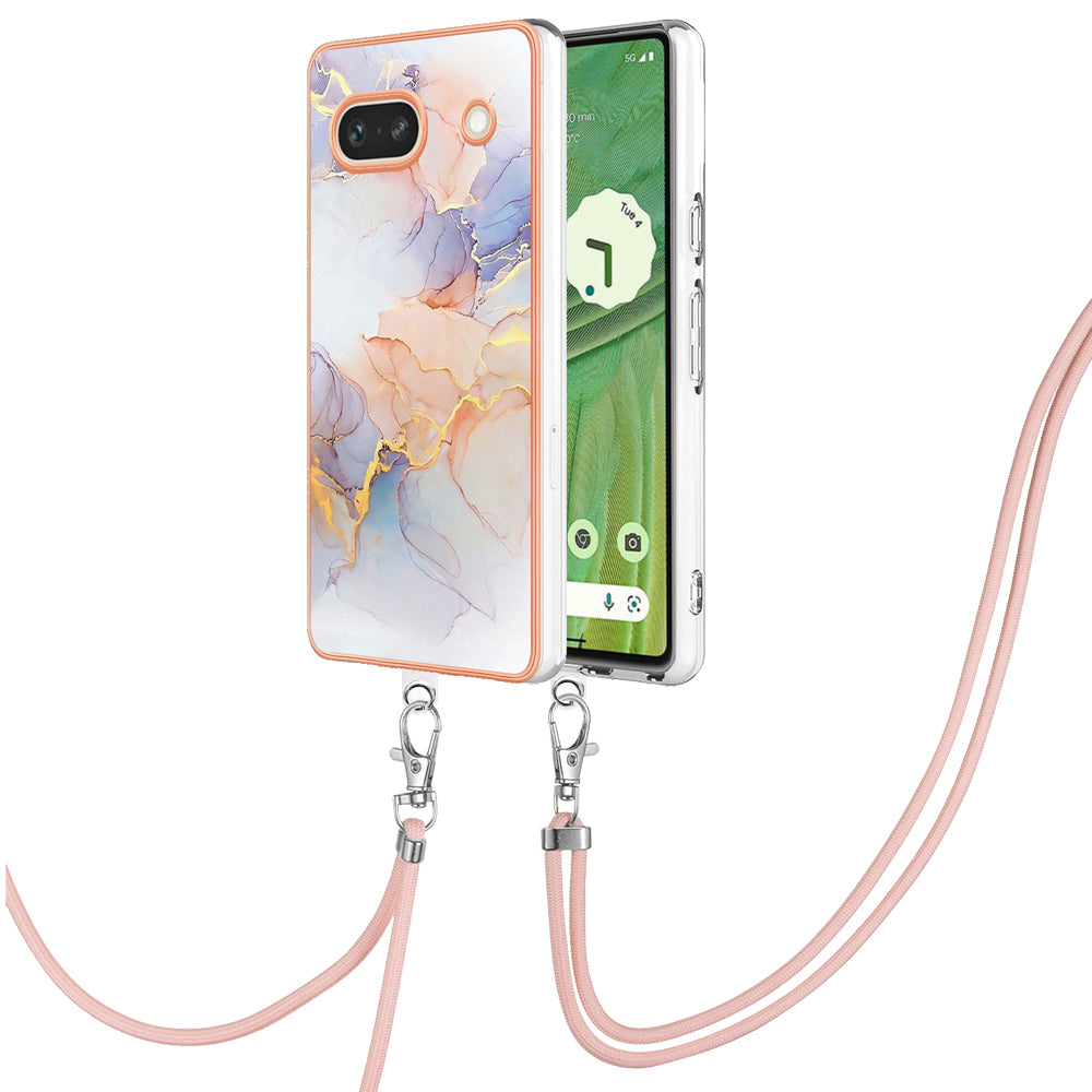 YB IMD Series-4 for Google Pixel 7a Marble Flower Pattern Protective Case Electroplating IMD TPU Phone Cover with Lanyard - Milky Way Marble White
