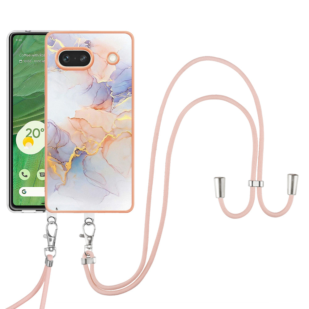 YB IMD Series-4 for Google Pixel 7a Marble Flower Pattern Protective Case Electroplating IMD TPU Phone Cover with Lanyard - Milky Way Marble White