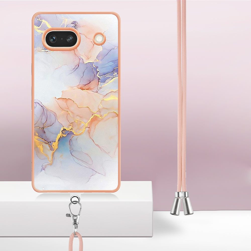 YB IMD Series-4 for Google Pixel 7a Marble Flower Pattern Protective Case Electroplating IMD TPU Phone Cover with Lanyard - Milky Way Marble White