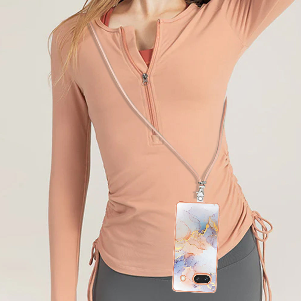 YB IMD Series-4 for Google Pixel 7a Marble Flower Pattern Protective Case Electroplating IMD TPU Phone Cover with Lanyard - Milky Way Marble White