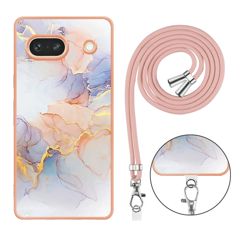 YB IMD Series-4 for Google Pixel 7a Marble Flower Pattern Protective Case Electroplating IMD TPU Phone Cover with Lanyard - Milky Way Marble White