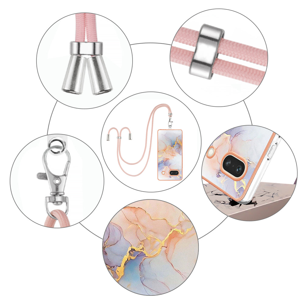 YB IMD Series-4 for Google Pixel 7a Marble Flower Pattern Protective Case Electroplating IMD TPU Phone Cover with Lanyard - Milky Way Marble White