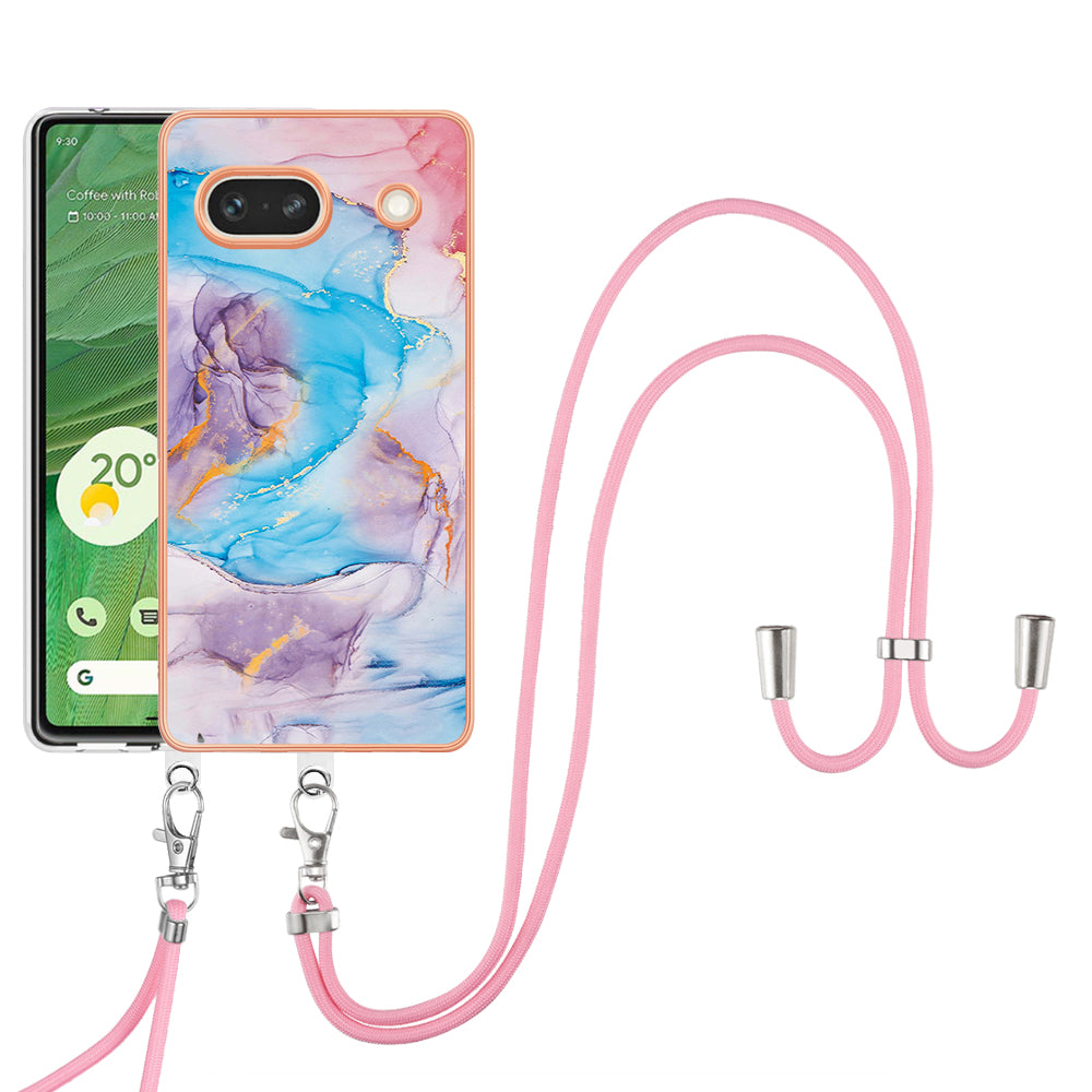 YB IMD Series-4 for Google Pixel 7a Marble Flower Pattern Protective Case Electroplating IMD TPU Phone Cover with Lanyard - Milky Way Marble Blue