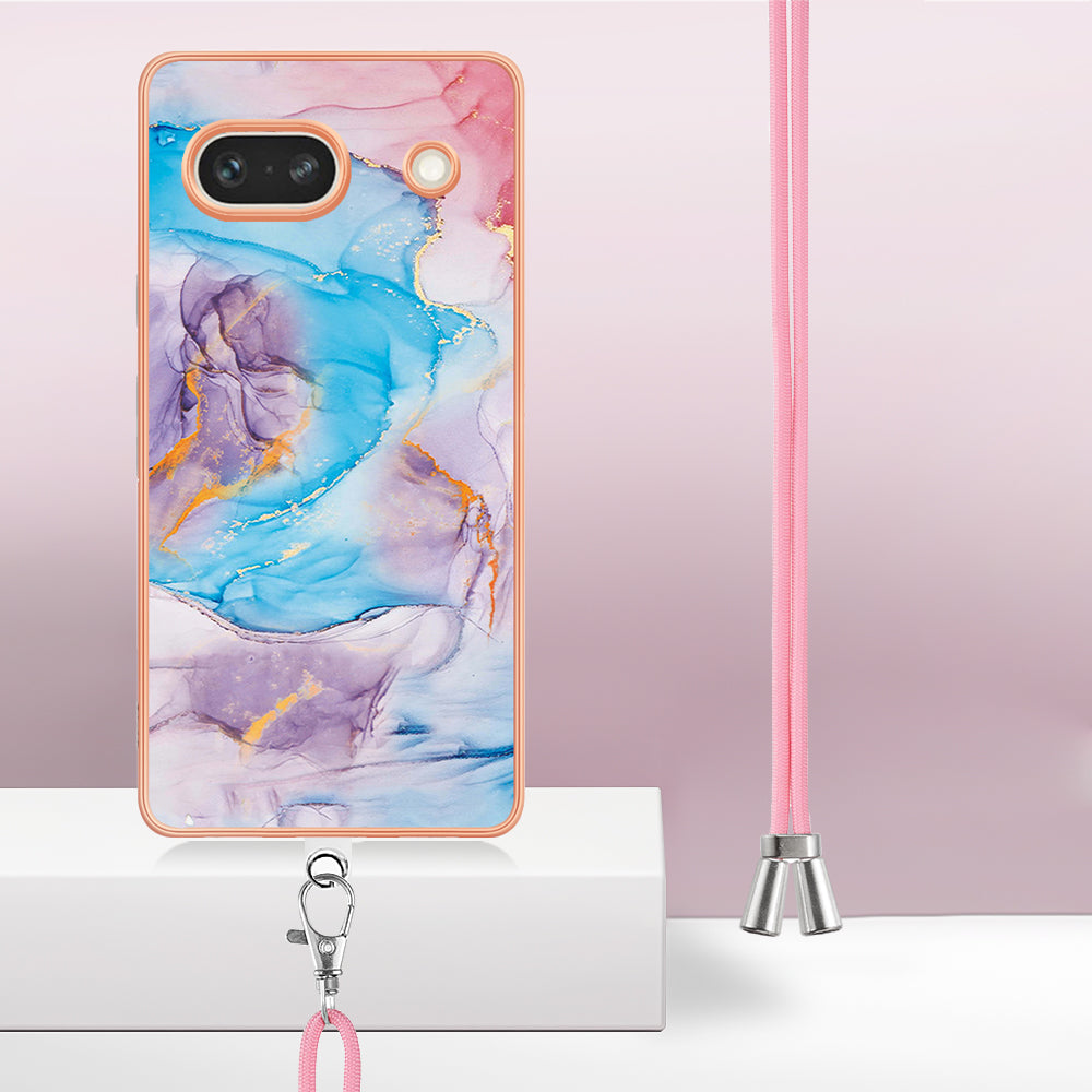 YB IMD Series-4 for Google Pixel 7a Marble Flower Pattern Protective Case Electroplating IMD TPU Phone Cover with Lanyard - Milky Way Marble Blue