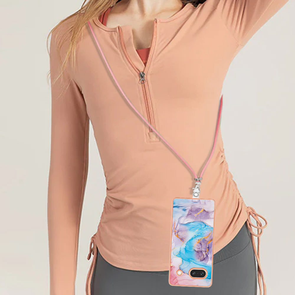 YB IMD Series-4 for Google Pixel 7a Marble Flower Pattern Protective Case Electroplating IMD TPU Phone Cover with Lanyard - Milky Way Marble Blue