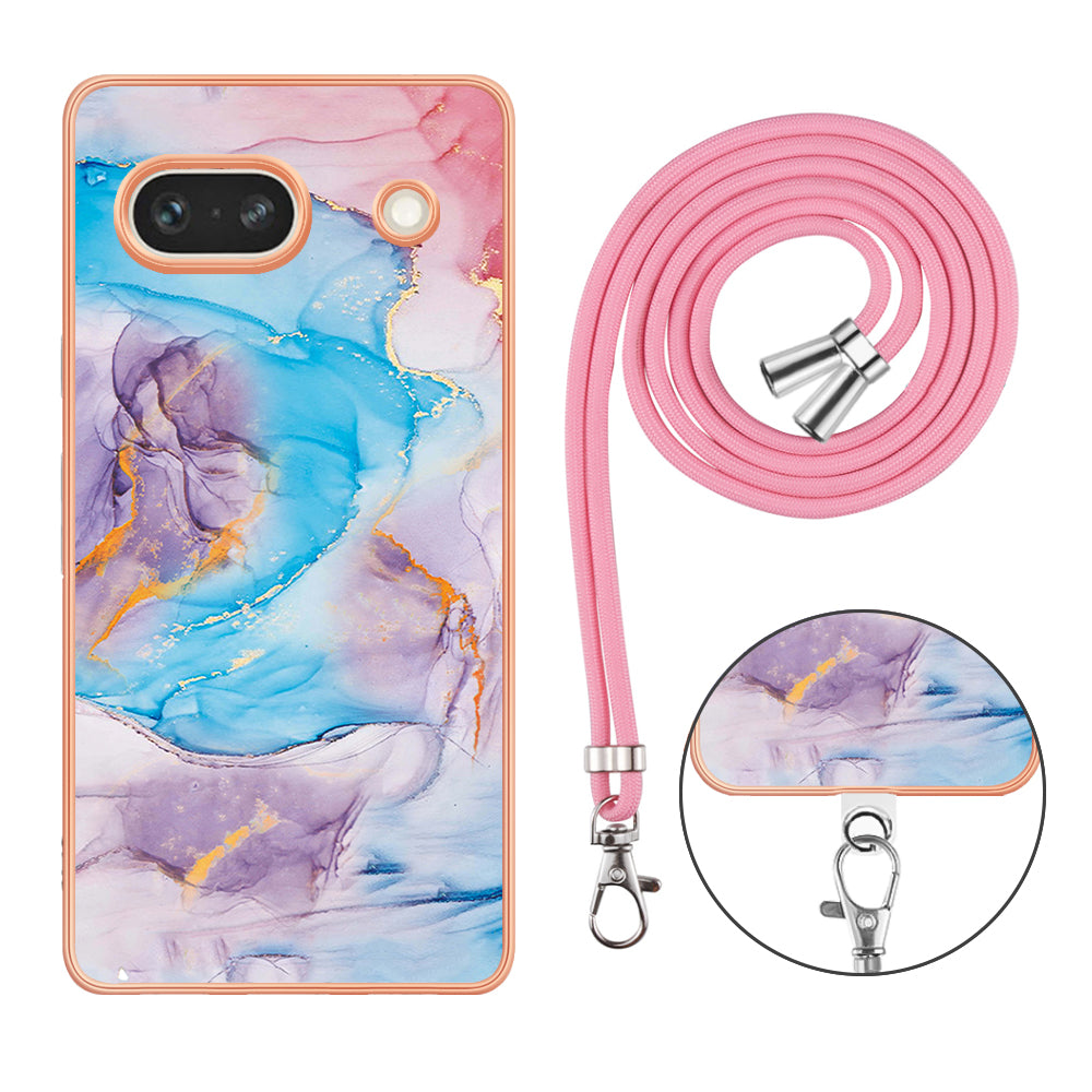 YB IMD Series-4 for Google Pixel 7a Marble Flower Pattern Protective Case Electroplating IMD TPU Phone Cover with Lanyard - Milky Way Marble Blue