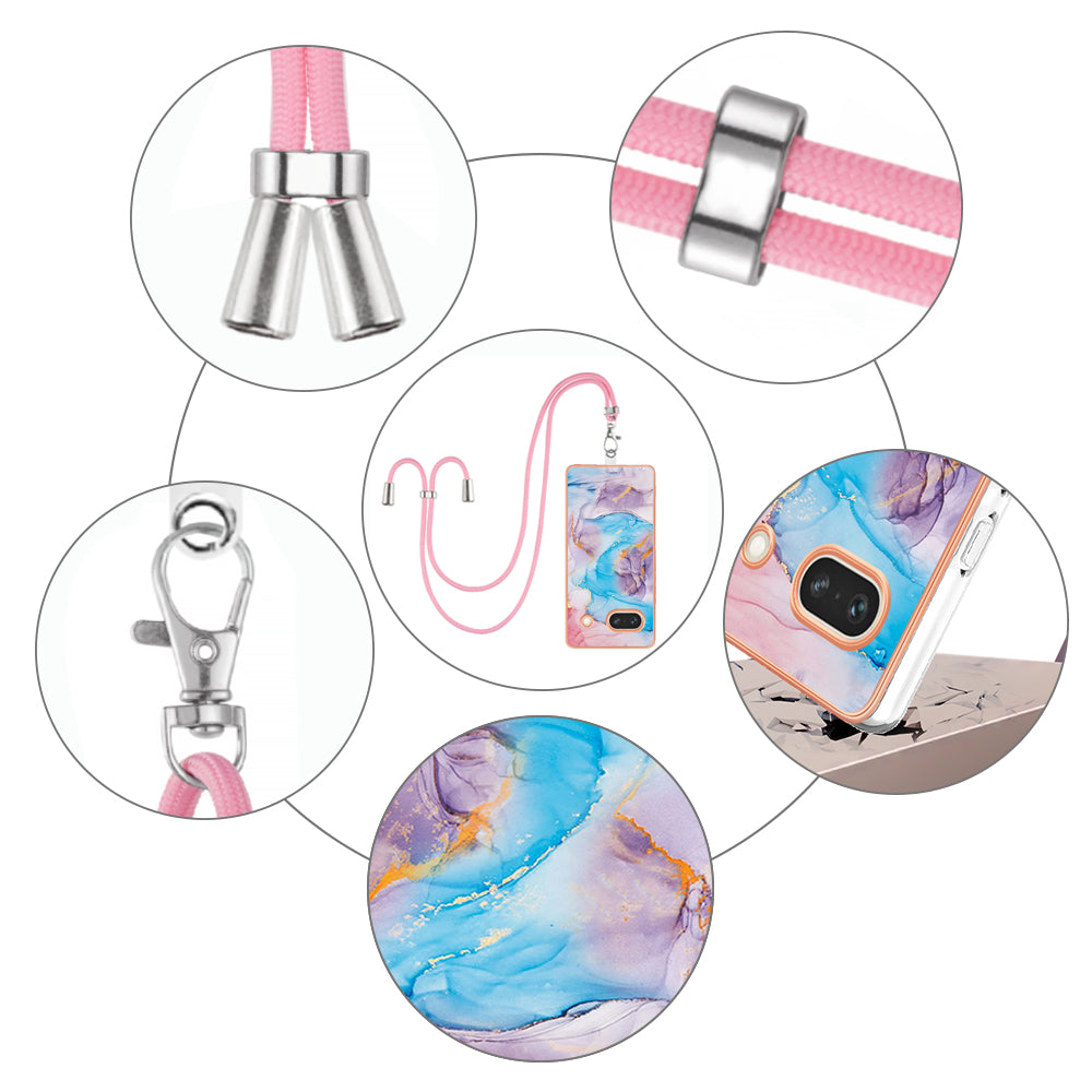 YB IMD Series-4 for Google Pixel 7a Marble Flower Pattern Protective Case Electroplating IMD TPU Phone Cover with Lanyard - Milky Way Marble Blue