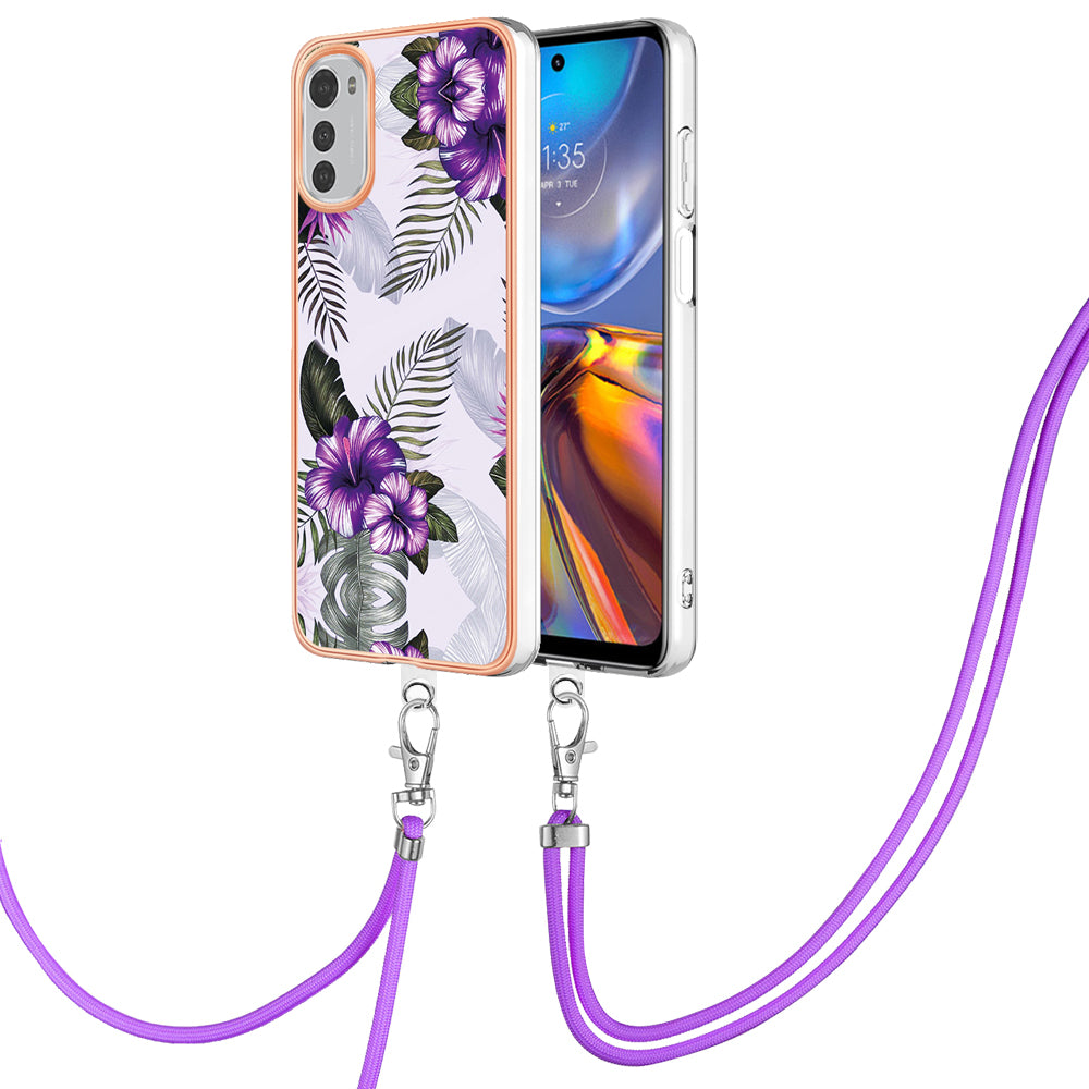 YB IMD Series-4 TPU Phone Case for Motorola Moto E32 4G , Electroplated Marble Flower Pattern IMD Cover with Lanyard - Purple Flowers