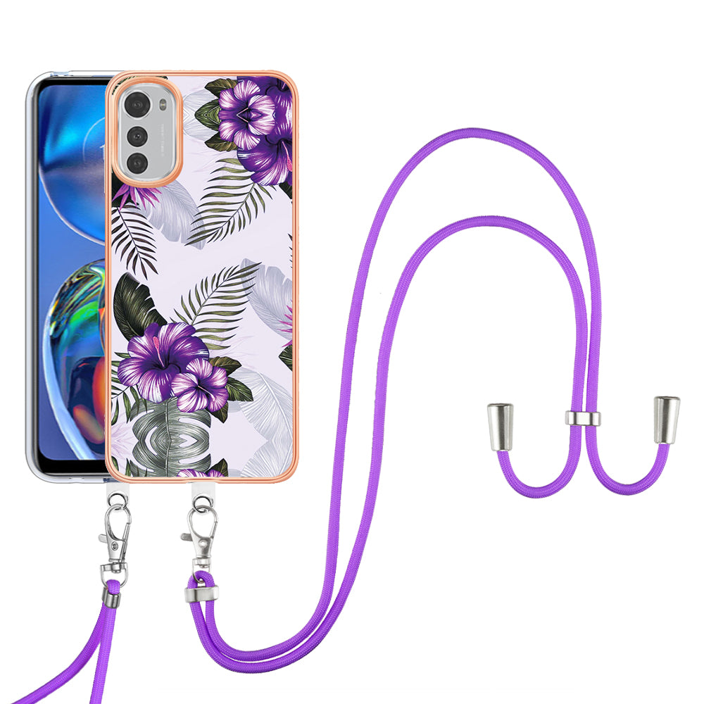 YB IMD Series-4 TPU Phone Case for Motorola Moto E32 4G , Electroplated Marble Flower Pattern IMD Cover with Lanyard - Purple Flowers