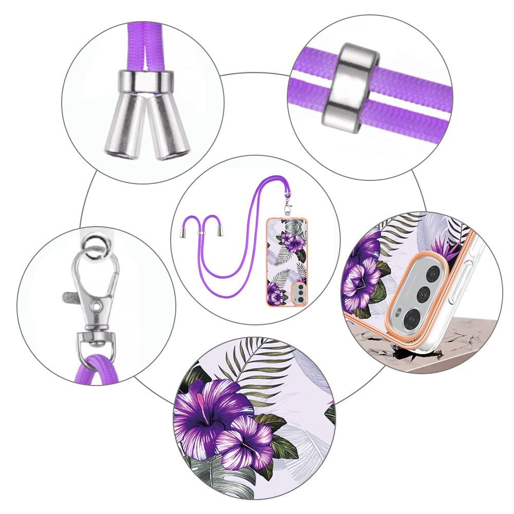 YB IMD Series-4 TPU Phone Case for Motorola Moto E32 4G , Electroplated Marble Flower Pattern IMD Cover with Lanyard - Purple Flowers