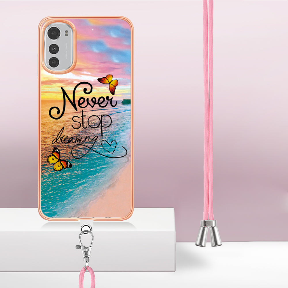 YB IMD Series-4 TPU Phone Case for Motorola Moto E32 4G , Electroplated Marble Flower Pattern IMD Cover with Lanyard - Never Stop Dreaming