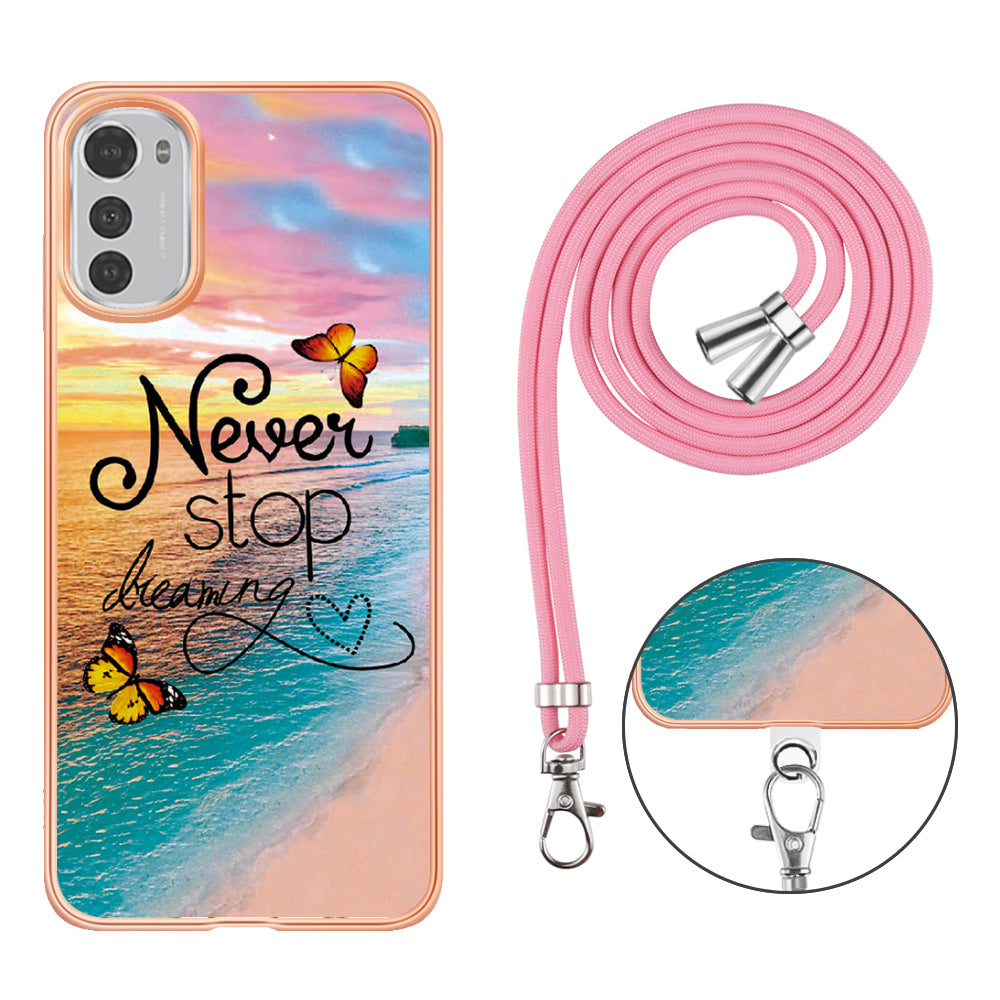 YB IMD Series-4 TPU Phone Case for Motorola Moto E32 4G , Electroplated Marble Flower Pattern IMD Cover with Lanyard - Never Stop Dreaming