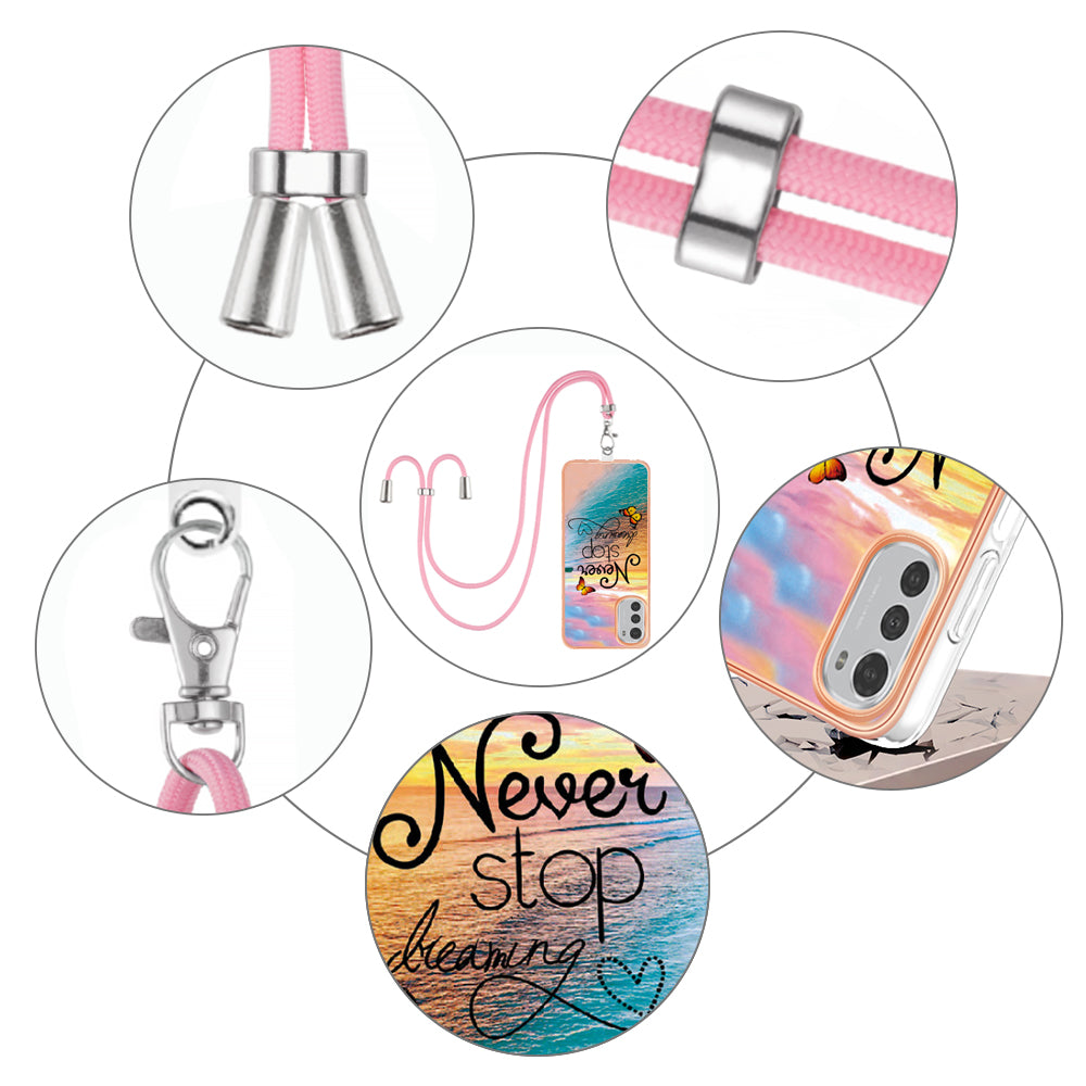 YB IMD Series-4 TPU Phone Case for Motorola Moto E32 4G , Electroplated Marble Flower Pattern IMD Cover with Lanyard - Never Stop Dreaming